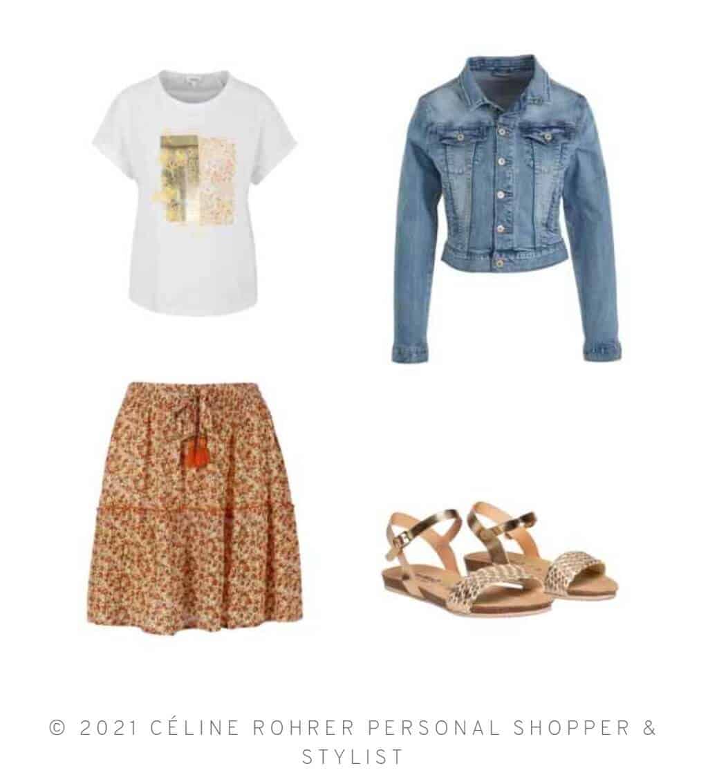 Bloemenrok met t shirt en spijkerjasje